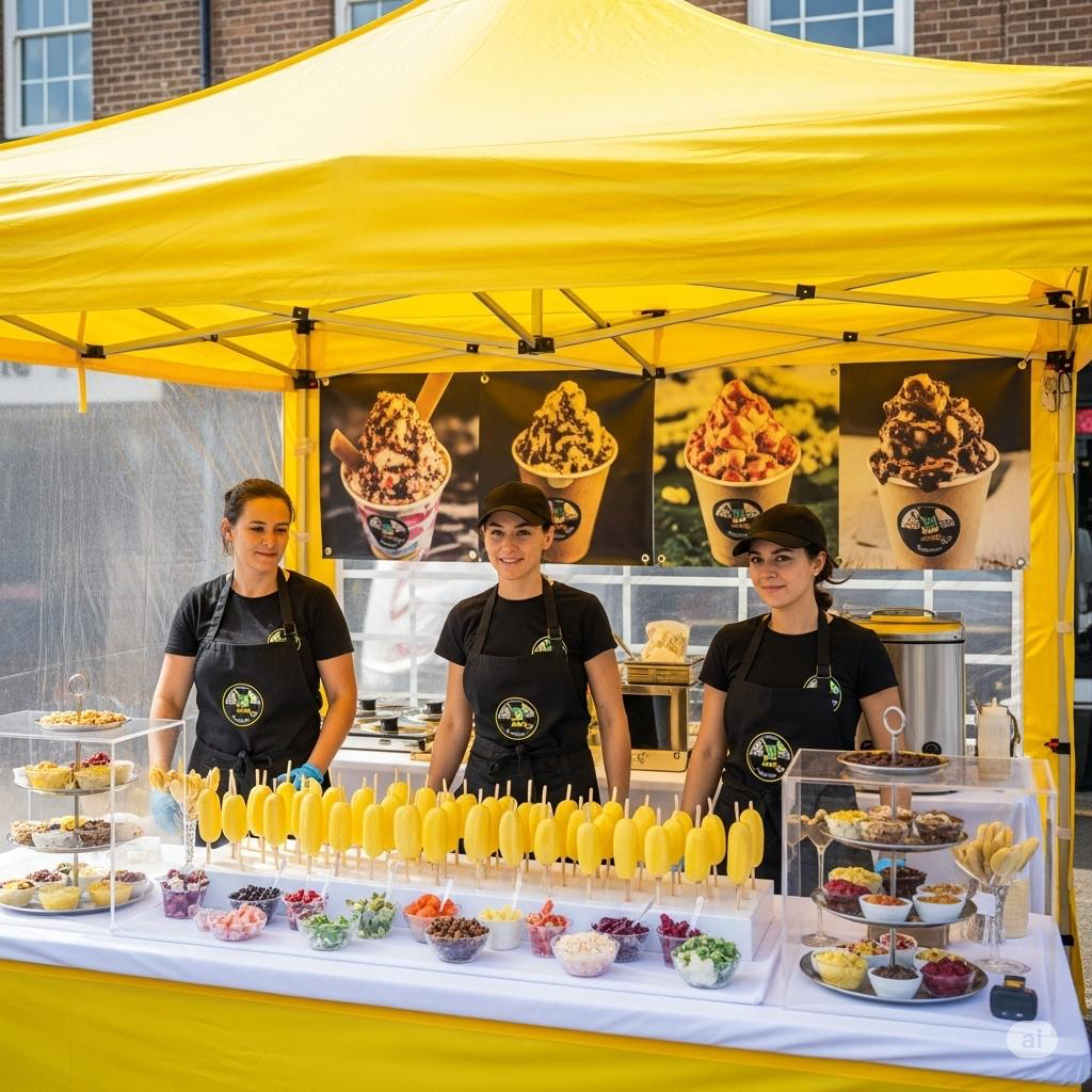 Happy Fruits stall with bright yellow gazebo and fruit treats