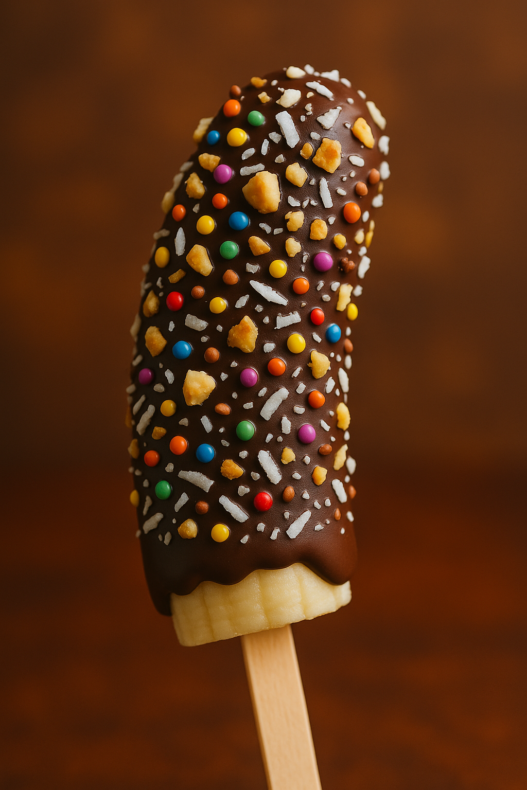Chocolate-covered frozen fruit with colorful toppings